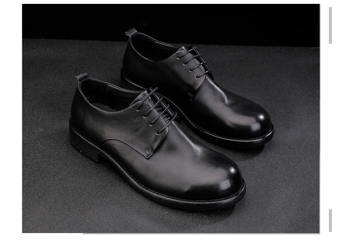Chaussures en cuir à lacets pour hommes, semelle extérieure en cuir, tête ronde, décontractées, couche de tête, cuir de vache, couleur unie_voghion.com