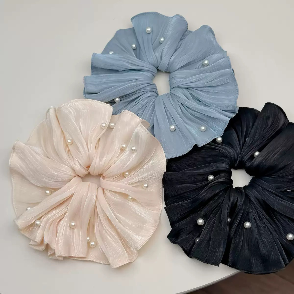 Chouchou à fleurs en maille avec perles style français chic_voghion.com