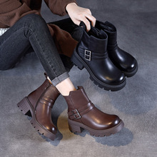 2024秋冬新款真牛皮复古棕色加绒短筒靴粗跟气质马丁皮靴西部单靴
