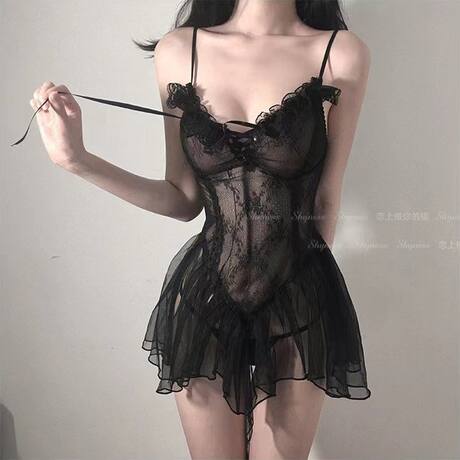 Plus-Size Sexy Lingerie, Slightly See-Through Uniform, Princess-Style Nightgown, Pure Desire Women's Mesh Camisole, Small Chest Passion Temptation