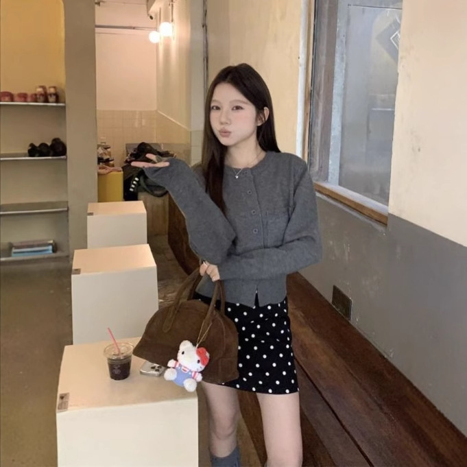 新款设计感韩系蓝色毛衣开衫女小众收腰系带针织外套圆领短款上衣|undefined