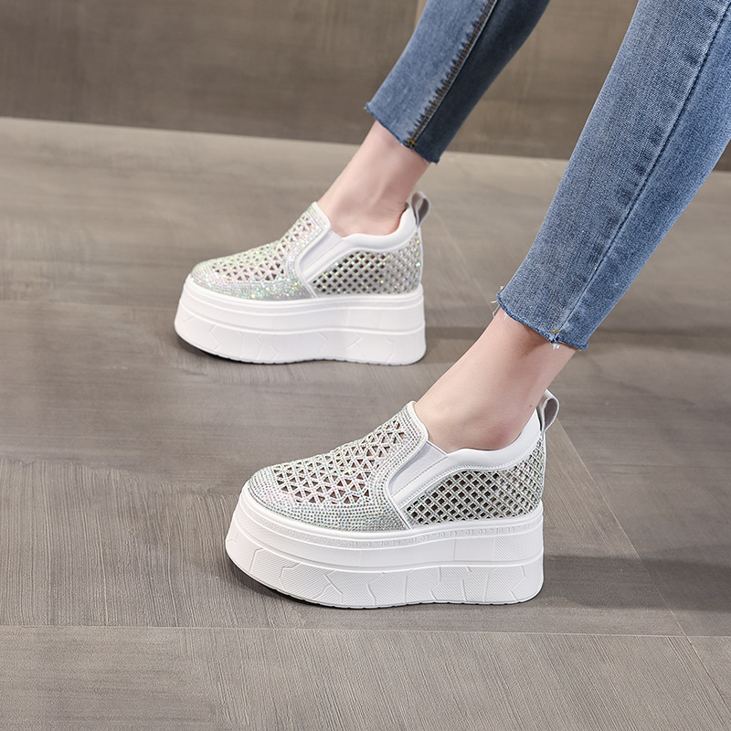 Giày lười nữ đế dày tăng chiều cao phối đá rhinestone — trắng