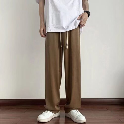 Men's Summer Thin American Casual Long Pants Trendy Loose Straight Leg Wide Leg Pants in Chiaroscuro Brown Ice Silk
