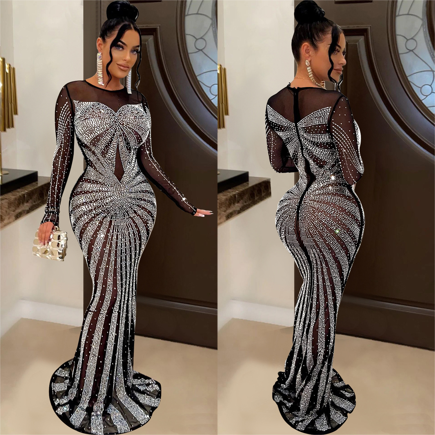 C6198 AliExpress Amazon europeo y americano de la moda de las mujeres de color sólido malla ver a través de rhinestone vestido de manga larga image 3