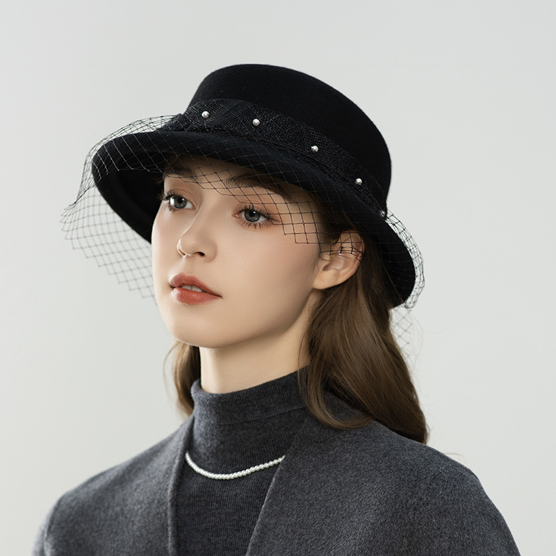 秋冬季新款澳洲羊毛网纱珍珠蝴蝶结装饰盆帽优雅气质女士帽子批发|undefined