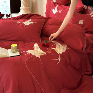 Casual New Chinoiserie Wedding Four-Piece Set Magpie Flower and Bird Double Happiness Embroider Red Wedding Quilt Cover Bed Bed Sheets C^