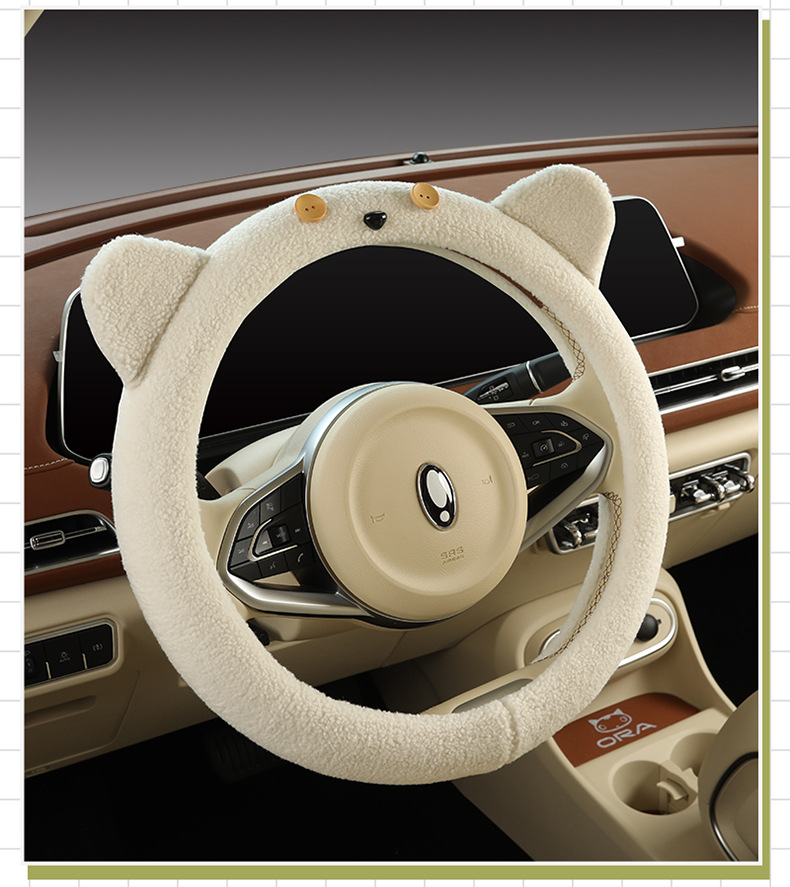 Plush steering wheel cover winter teddy velvet D-type cute cartoon car interior decoration girl protective cover warm handle cover