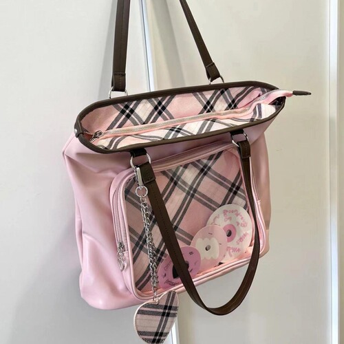 Large Capacity Gingham Pain Bag for Women, Niche Student Commute Versatile Multi-Compartment Shoulder Bag for Teenagers and Anime Fans