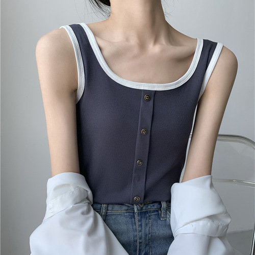 2024 new fashion camisole buttoned ribbed cotton niche short style foreign style outer layer top