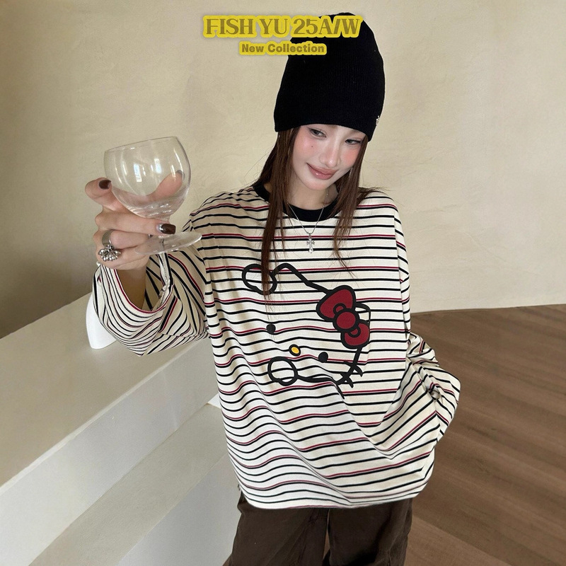 Striped Round Neck Loose Long-Sleeved T-Shirt for Women Autum New Korean Style Korean Cartoon Kitty Cat Large Size Top for Women Striped Round Neck Loose Long-Sleeved T-Shirt for Women Autum New Korean Style Korean Cartoon Kitty Cat Large Size Top for Women