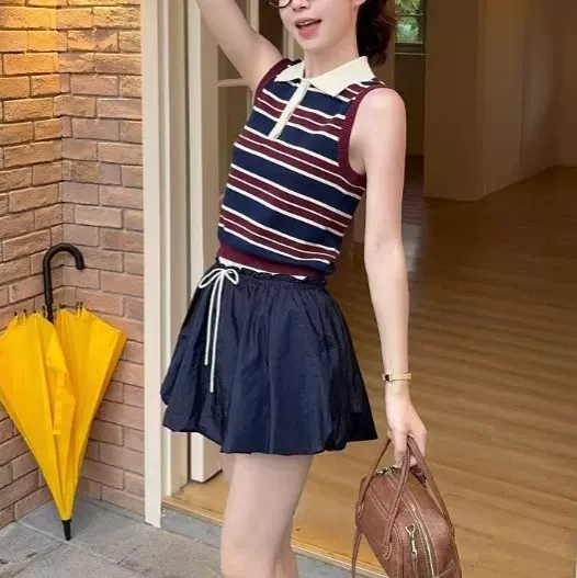 韩系Polo领撞色条纹针织无袖坎肩T恤女夏季修身短款背心上衣