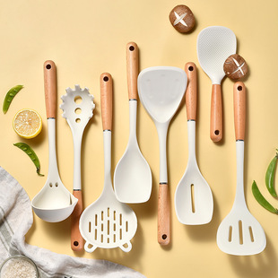 Ready Stock Silicone Kitchenware Set Spatula Wooden Handle 9-Piece Set High Temperature Resistant Non-Stick Spatula Cooking Utensils