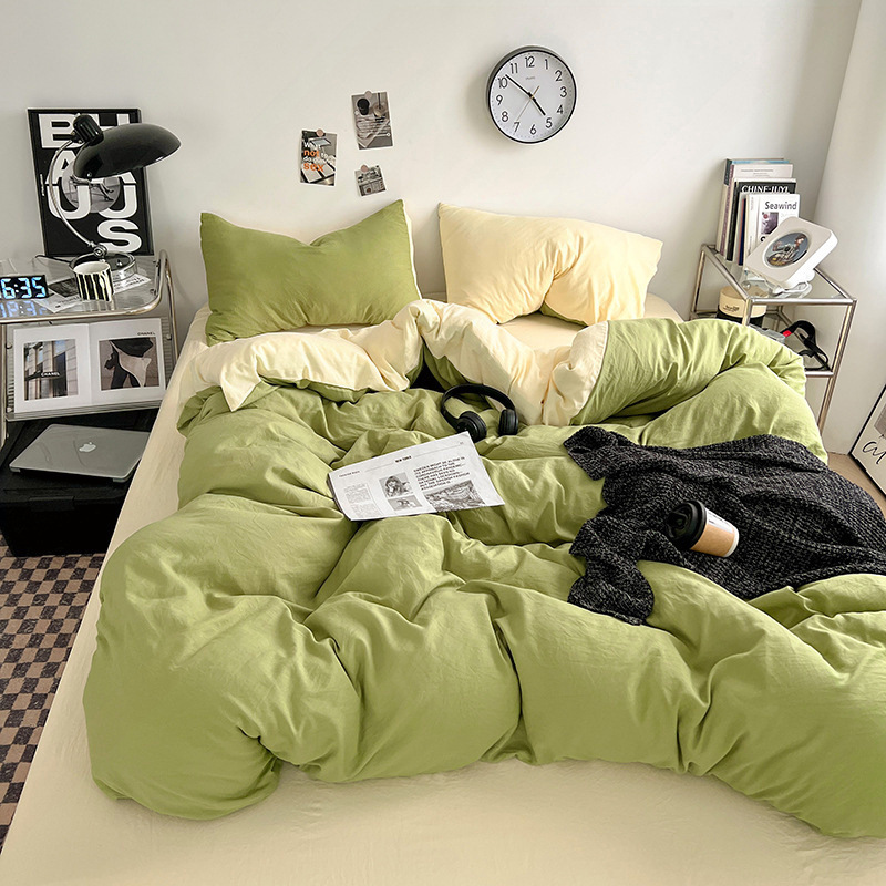 Class A Simple Solid Color Washed Cotton Four-Piece Single/Double Student Dormitory Quilt Cover Bed Sheet Three-Piece_voghion.com