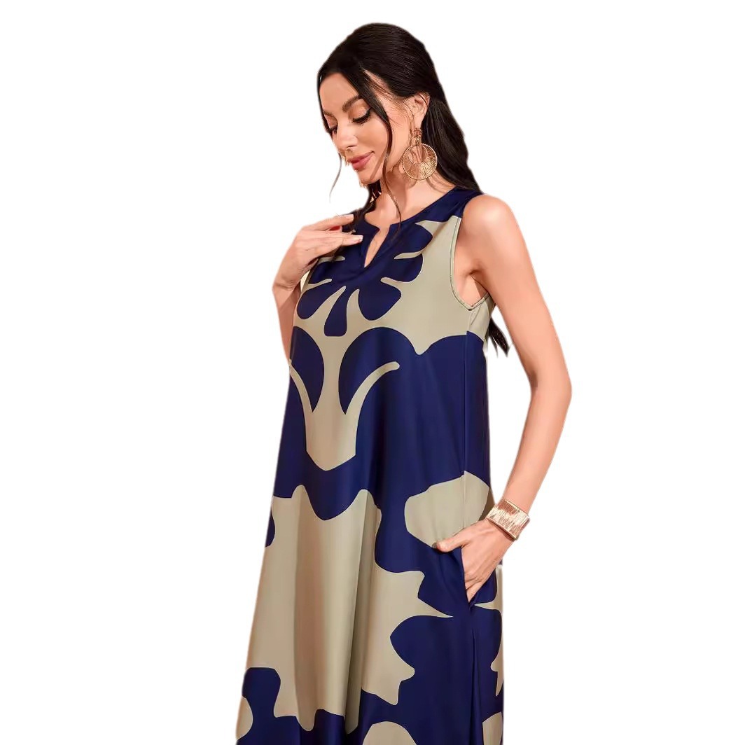 Vestido feminino boêmio longo, estampado, casual retrô, com decote em V e sem mangas, modelo mais vendido de 2024._voghion.com