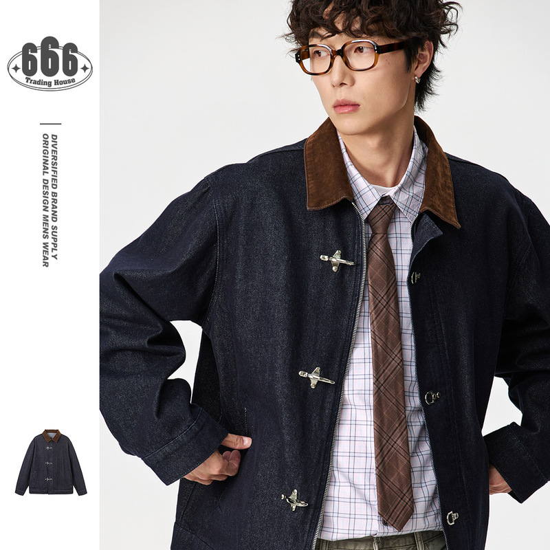 Answer Me Classic Designer Airplane Buckle Denim Jacket Men's Retro Versatile Blue Denim Jacket W503 Answer Me Classic Designer Airplane Buckle Denim Jacket Men's Retro Versatile Blue Denim Jacket W503