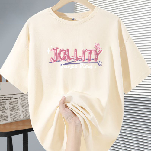 Women's Apricot Short Sleeve T-Shirt 200g Xinjiang Heavyweight Pure Cotton Printed Top Summer New Long-Sleeve Round Neck Half Sleeve