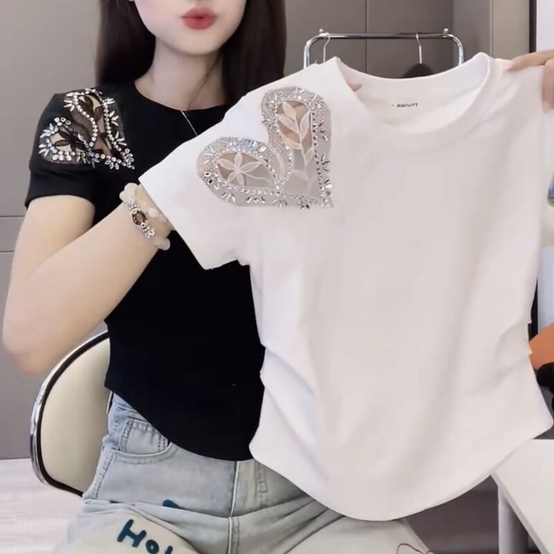 Cross-Border Rhinestone Hollow Lace Short-Sleeve Summer New 2026 Slim-Fit T-Shirt Fashion Slimming Versatile Women's Top Cross-Border Rhinestone Hollow Lace Short-Sleeve Summer New 2026 Slim-Fit T-Shirt Fashion Slimming Versatile Women's Top