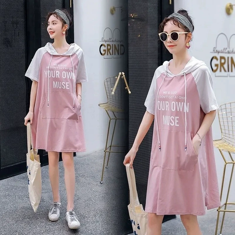 Новое летнее платье для беременных, модная футболка с капюшоном и короткими рукавами, платье для беременных интернет-знаменитостей, стильное модное платье для прогулок