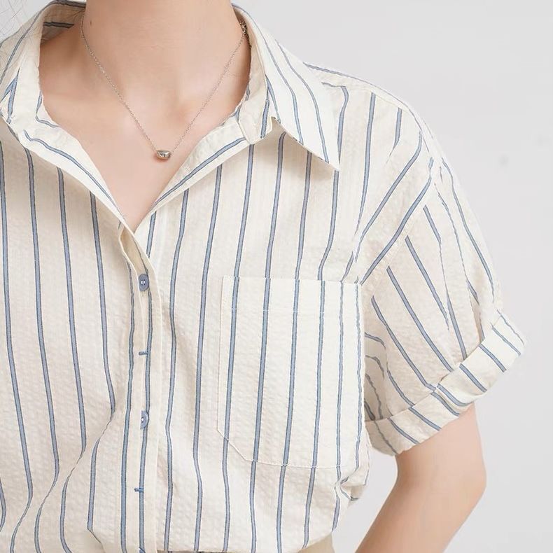 French Striped Short-sleeved Shirt Women's Summer Thin Elegant Retro Casual All-match Simple Commuter Top