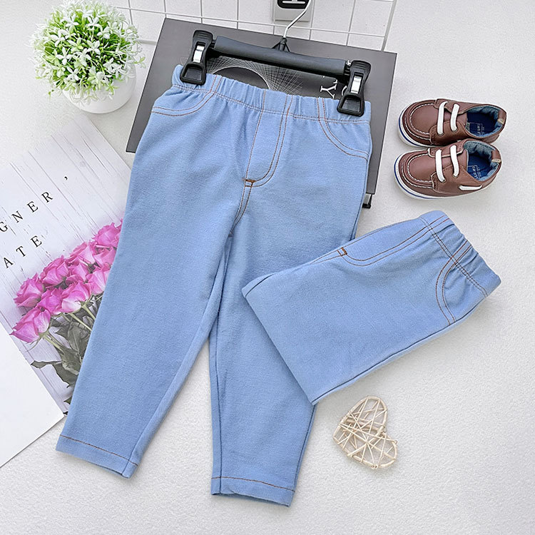New Children's Summer Knitted Imitation Jeans Pure Cotton Elastic Thin Long Pants Stretch Outdoor Pants Wholesale Children's Pants