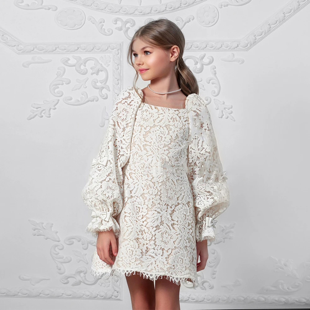 Elegante e alla moda abito da festa di compleanno per bambina con maniche lunghe e scollo quadrato, nuovo modello in pizzo francese 2026_voghion.com