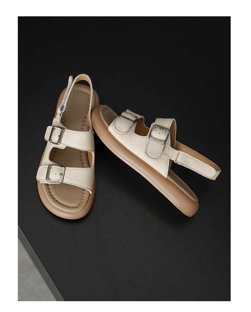 Sandal nữ quai ngang đế bệt da cừu lộ ngón chân phong cách đơn giản — đen chi tiết 16