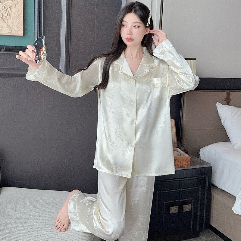 奢华高贵女士睡衣春秋新款丝绸长袖高级花卉冰丝家居服两件套批发|undefined