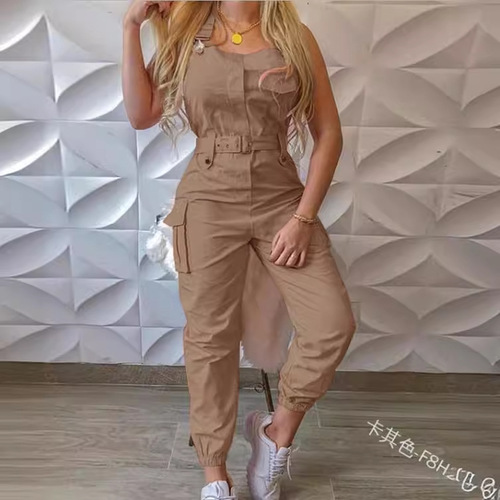 European and American-style women's utility-pocket design jumpsuit—sleeveless overalls with ankle-tight fit and a matching belt