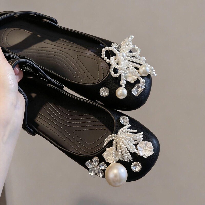 Rhinestone Pearl Ballet Shoes, Mary Jane Shoes, Clogs, Women's Closed-Toe Slippers, Slide Sandals, Beach Sandals, Women's Slippers