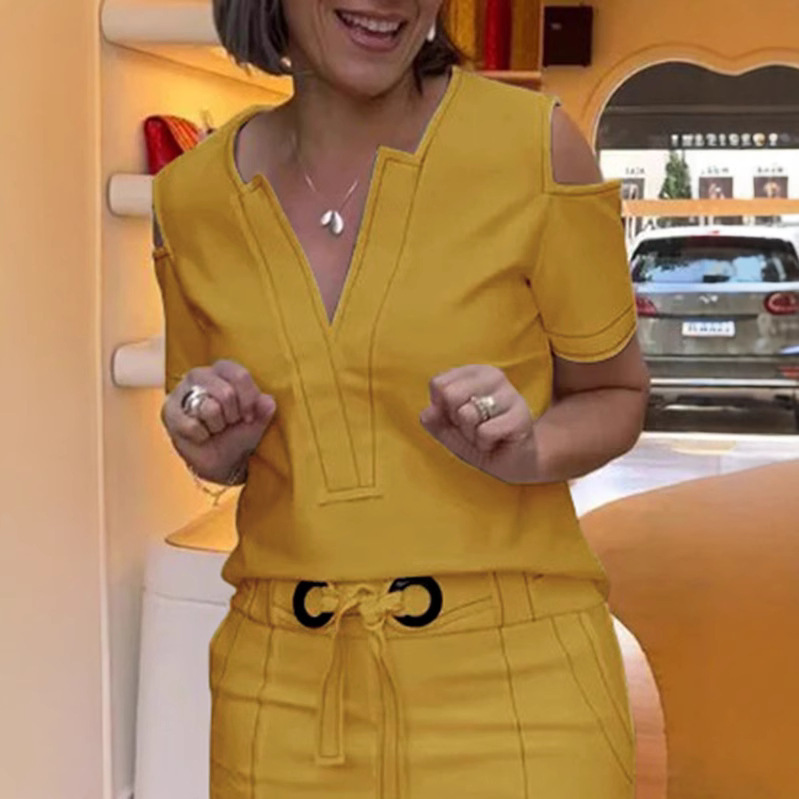 Loose Short-Sleeved Solid Color Cold-Shoulder Shirt Top