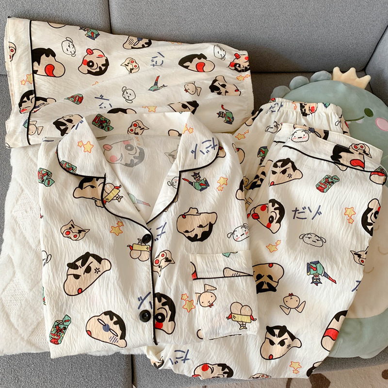 Pijamas de amor dulce de color, pantalones de manga corta de hilo de algodón de nube de verano para mujer, cárdigan de tres piezas, servicio a domicilio