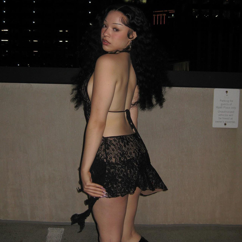 European And American Cross-Border New Sexy Hollow Deep V Backless Hot Girl Style Short Spliced Ribbon Halter Lace Dress_ecoleips.com