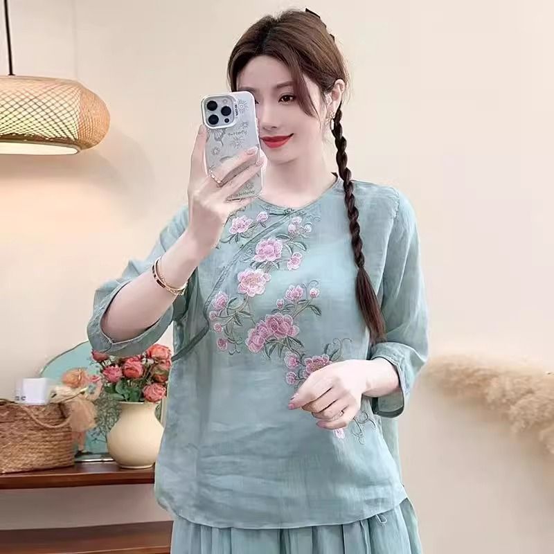 Summer Clothing Featuring A Retro, Ethnic Style With Short Sleeves And A Round Collar; Made Of Cotton-Linen Fabric. Also_ecoleips.com