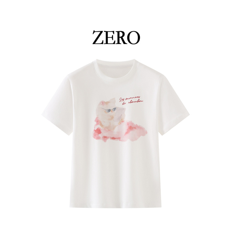 Age-Reducing, Versatile, Playful Cat Print Round Neck Cartoon Short-Sleeved T-Shirt, Loose, Fashionable, Slimming, Comfortable, Simple Short-Sleeved T-Shirt