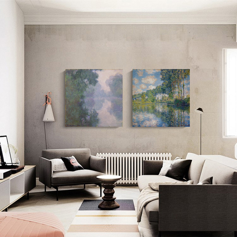 Art micro-jet printing retro oil canvas painting core painting heart restaurant painting Monet Seine River landscape world famous painting