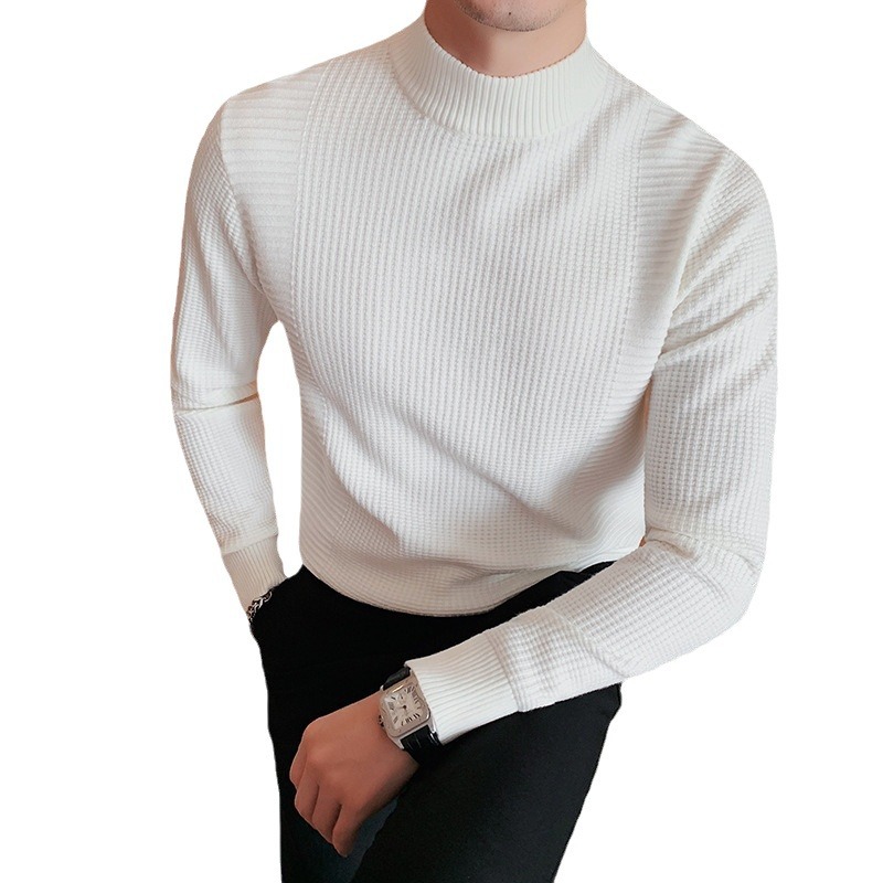 Férfi ruházat őszi és téli koreai stílusú fél garbós, vékony aljú ing, középnyakú, egyszínű kötött pulóver, divatos férfi nagykereskedelem_voghion.com
