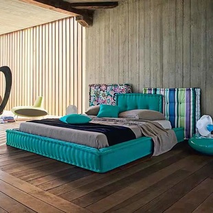Rochburg Fabric Color-Blocking Large Bed Bedroom Internet-Famous Creative Designer Double Solid Wood Bed Master Bedroom Colorful Mahjong Bed