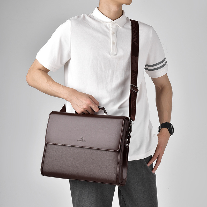 Cross-Border Men's Bag 2025 New Model Horizontal Shoulder Crossbody Bag Laptop Bag Business Briefcase Pebbled Leather