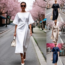 2025亚马逊独立站欧美跨境新款 夏季时尚圆领纯色系带连衣裙女装