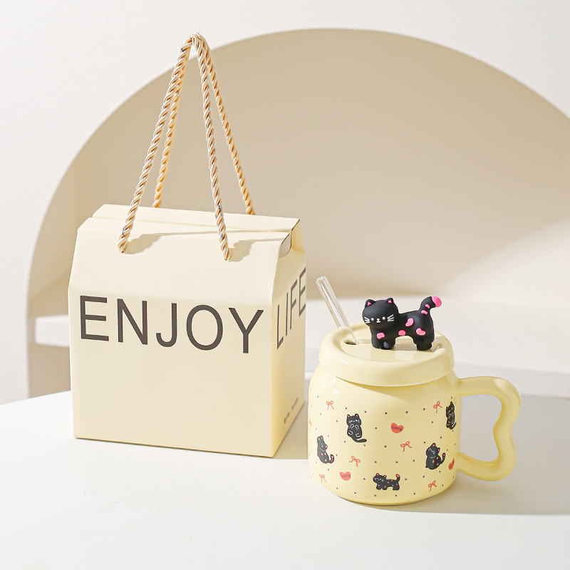 Taza de paja de dibujos animados de gato lindo suave Taza de oficina de alto valor con tapa Taza de pareja casera Taza de desayuno