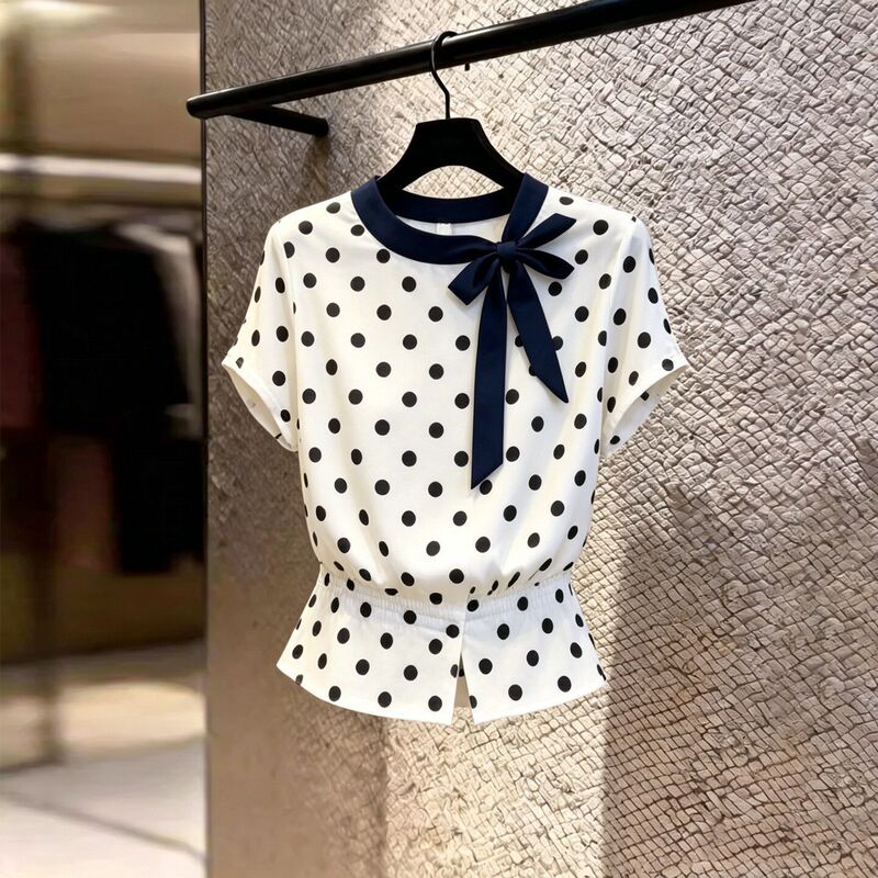 French-Style Polka Dot Tie-Waist Short-Sleeve Shirt for Women, 2026 New Model, Bow-Knot Blouse, Gentle Style, Very Beautiful Top