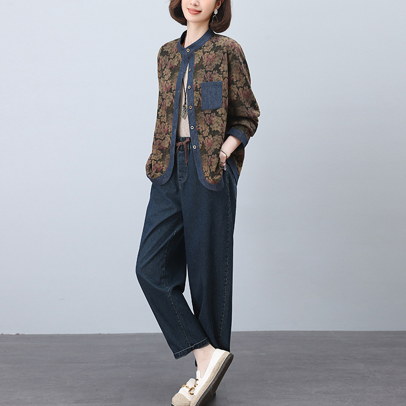 Mom spring new fashion printed shirt suit 2024 new middle-aged plus size women's casual Denim pants