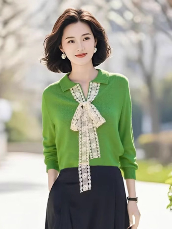 2025秋季大码女装新款设计感蕾丝蝴蝶结长袖针织衫|undefined