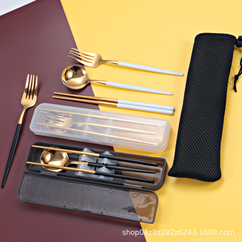 Factory wholesale portable Portuguese stainless steel spoon Fork chopsticks set Japanese and Korean fashion portable logo