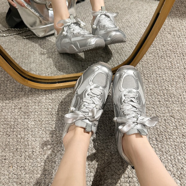 Tennis Girl ●Soft Bottom Ballet Training Shoes Women's silver Breathable Lightweight Platform Forrest Gump Casual Leather Women's Shoes