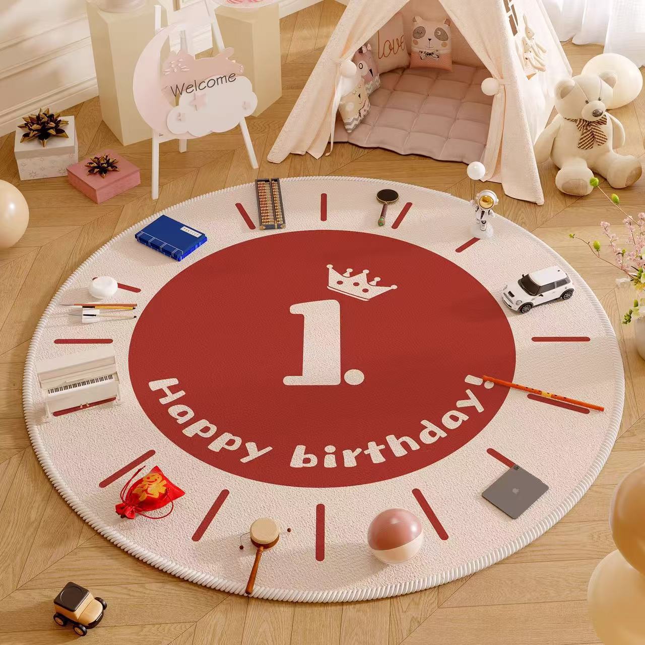 Household Kidsren's Baby's Bedroom Living Room Carpet Non-Slip Crawling Mat Birthday Arrangement Round Red Carpet