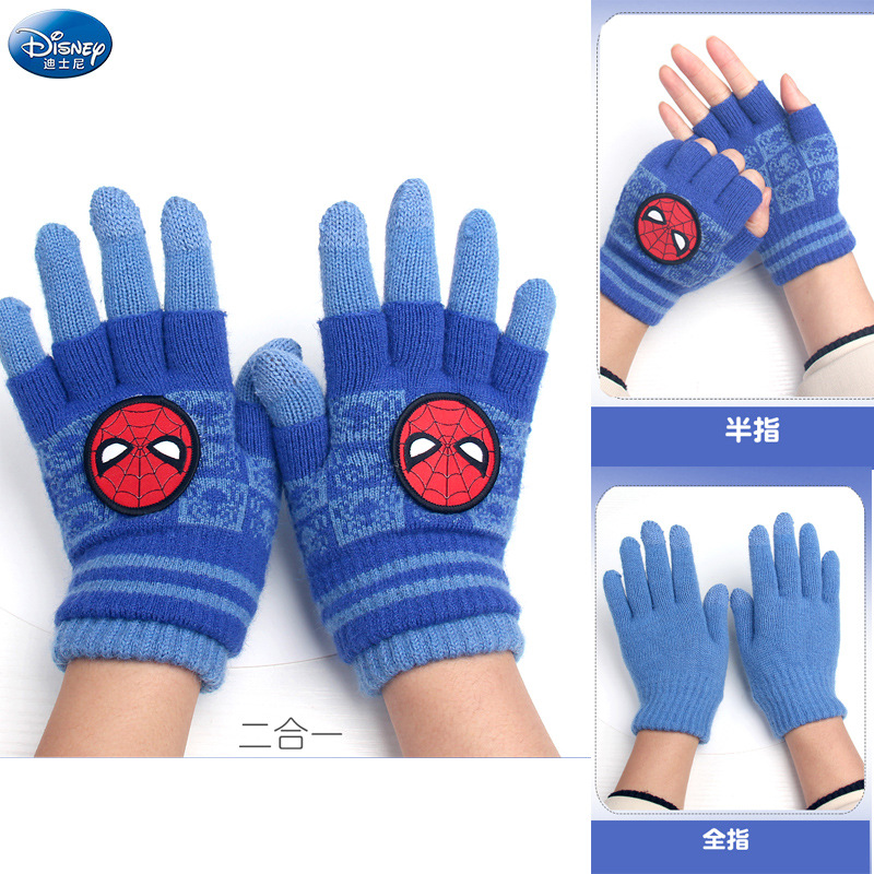 Disney Children's Gloves Autumn and Winter Warm Thickened Half Finger Full Finger Kids Boys Baby Plush Knitted Marvel