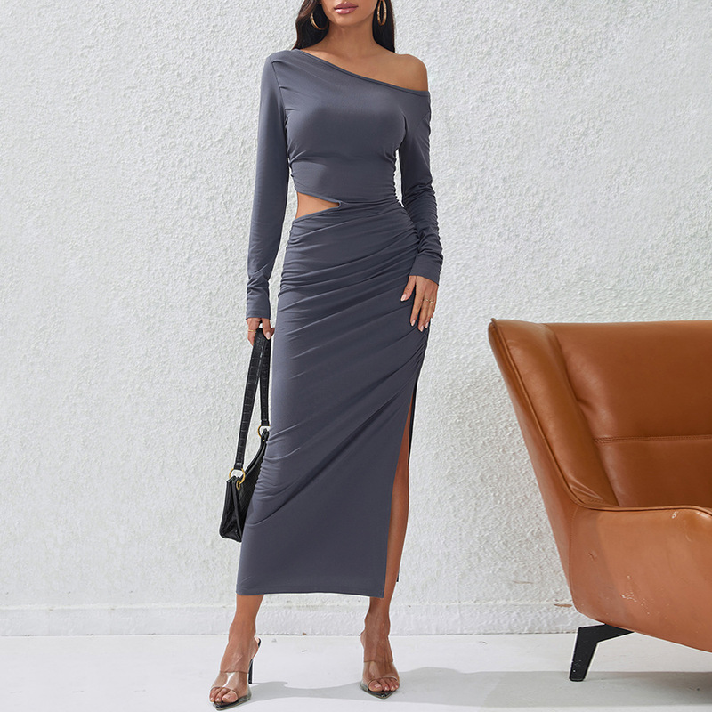Cross-Border Women's Clothing European and American Style 2026 Autumn and Winter New Slim Sexy Hollow-Out Slit Bodycon Mid-Length Party Dress