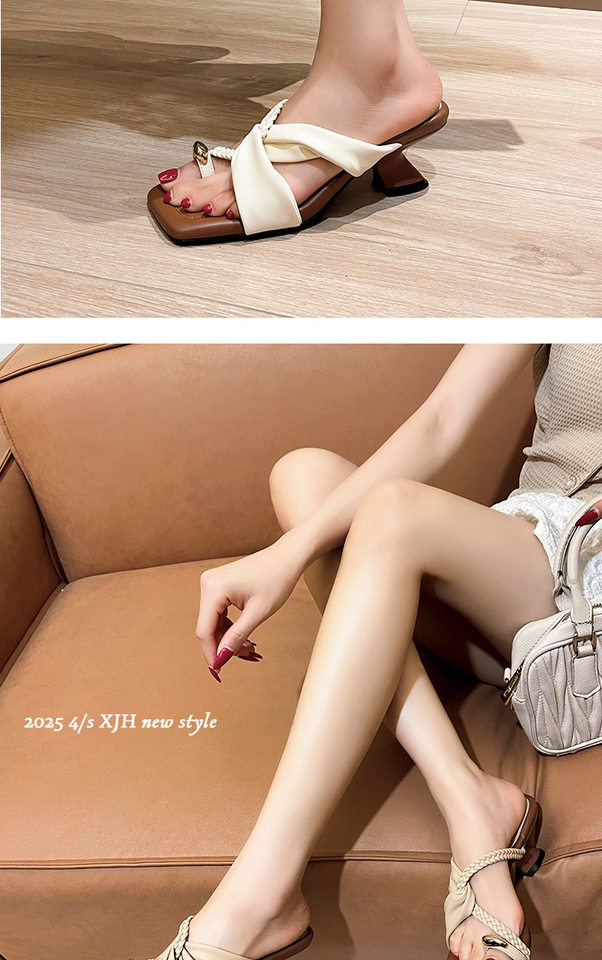 Dép sandal nữ quai hậu gót cao kiểu Pháp cổ điển, mũi vuông, đi chơi và nghỉ dưỡng — Màu kaki, Màu trắng be, Màu vàng chi tiết 12
