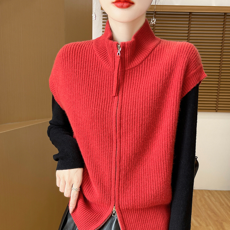 2025 Autumn and Winter New High Collar Cashmere Vest Women's Double Zipper Cardigan Sleeveless Waistcoat Wool Knitted Outer Waistcoat